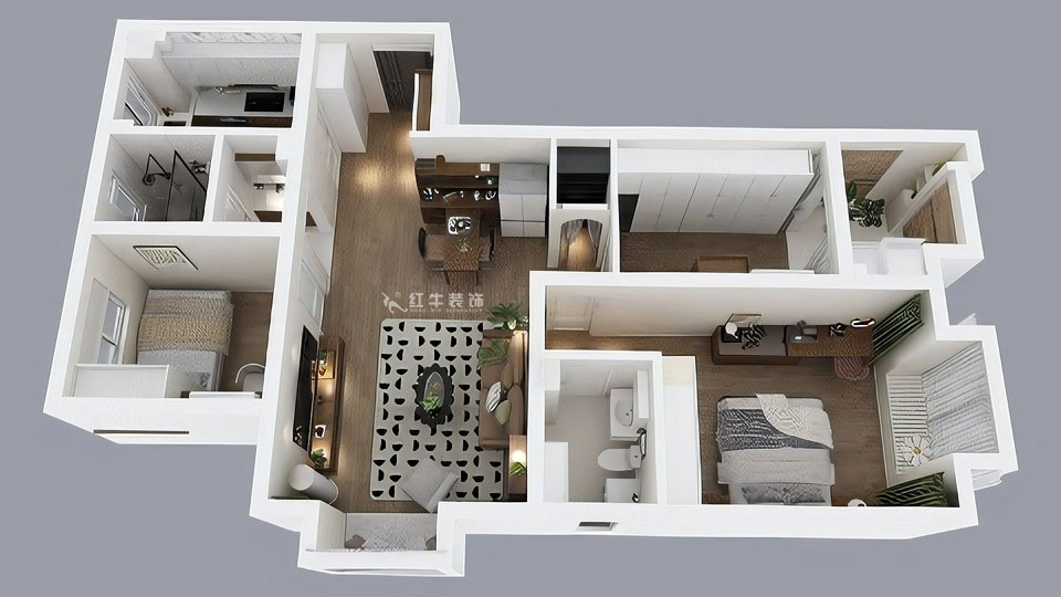 蔣?。鹩驀H10-2004-105㎡-現(xiàn)代簡約風(fēng)格｜3室1廳1衛(wèi)｜毛坯裝修｜定制家｜全包12萬｜00_04鳥瞰圖