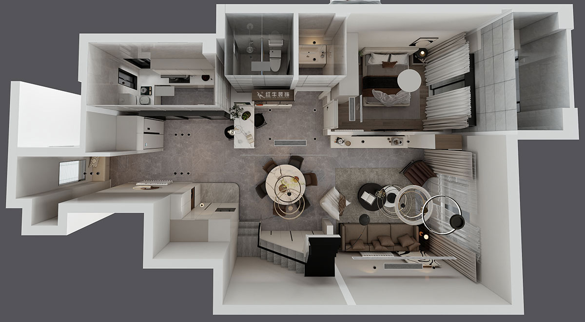 蔣?。┥紧斈芷咛?hào)院6-205-280㎡-現(xiàn)代簡(jiǎn)約風(fēng)格｜復(fù)式｜4室2廳3衛(wèi)｜毛坯裝修｜定制家｜全包40萬(wàn)｜00_07一層鳥(niǎo)瞰圖