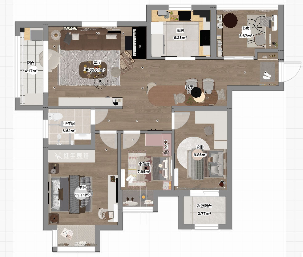 仇美蓉|熊貓匯智家園2-2-1106-110㎡-簡約風格|4室2廳1衛(wèi)|老房裝修|定制家|全包12萬|00_03平面彩圖