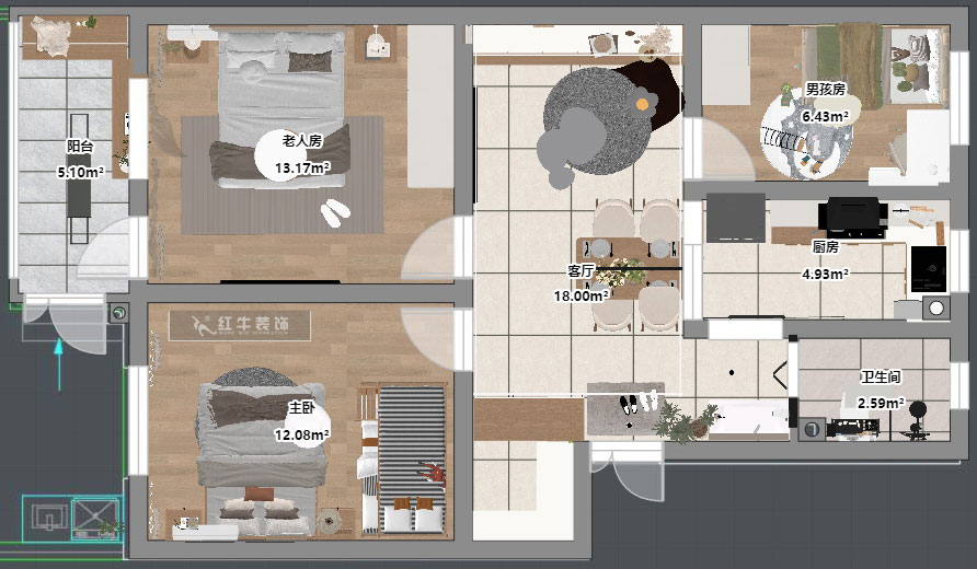 吳波｜土壤研究所小區(qū)27-102-77㎡-現代簡約風格｜3室2廳1衛(wèi)｜舊房裝修｜定制家｜全包11萬｜00_04平面彩圖
