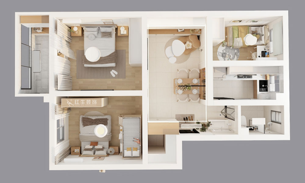 吳波｜土壤研究所小區(qū)27-102-77㎡-現代簡約風格｜3室2廳1衛(wèi)｜舊房裝修｜定制家｜全包11萬｜00_05鳥瞰圖