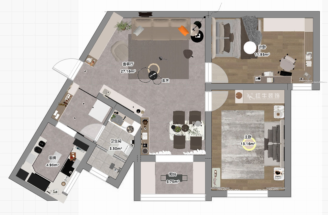 蔣琛｜龍江小區(qū)陽光廣場5-2002-90㎡-現代簡約風格｜2室2廳1衛(wèi)｜二手房裝修｜定制家｜全包12萬｜00_03平面彩圖