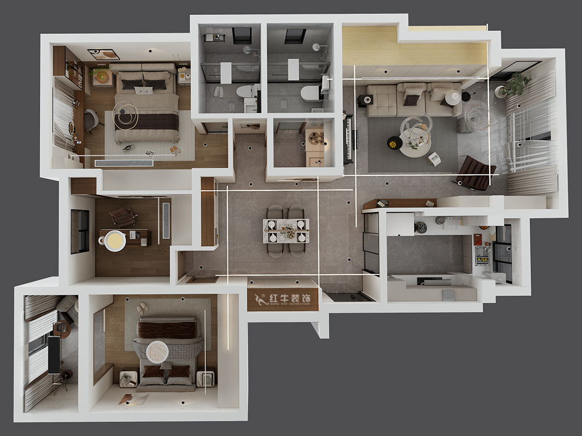劉小勇|柏悅瀾庭28-206-125㎡-現(xiàn)代簡約風格|3室2廳2衛(wèi)|老房裝修|定制家|全包17萬|00_04鳥瞰圖