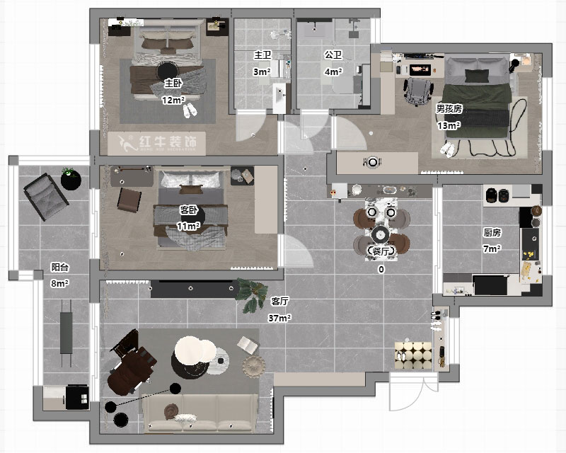 魏明花｜紫金東郡57-504-113㎡-現(xiàn)代簡約風格｜3室2廳2衛(wèi)｜二手房改造｜定制家｜全包16萬｜00_03平面彩圖
