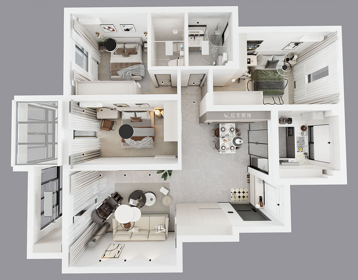 魏明花｜紫金東郡57-504-113㎡-現(xiàn)代簡約風格｜3室2廳2衛(wèi)｜二手房改造｜定制家｜全包16萬｜00_04鳥瞰圖