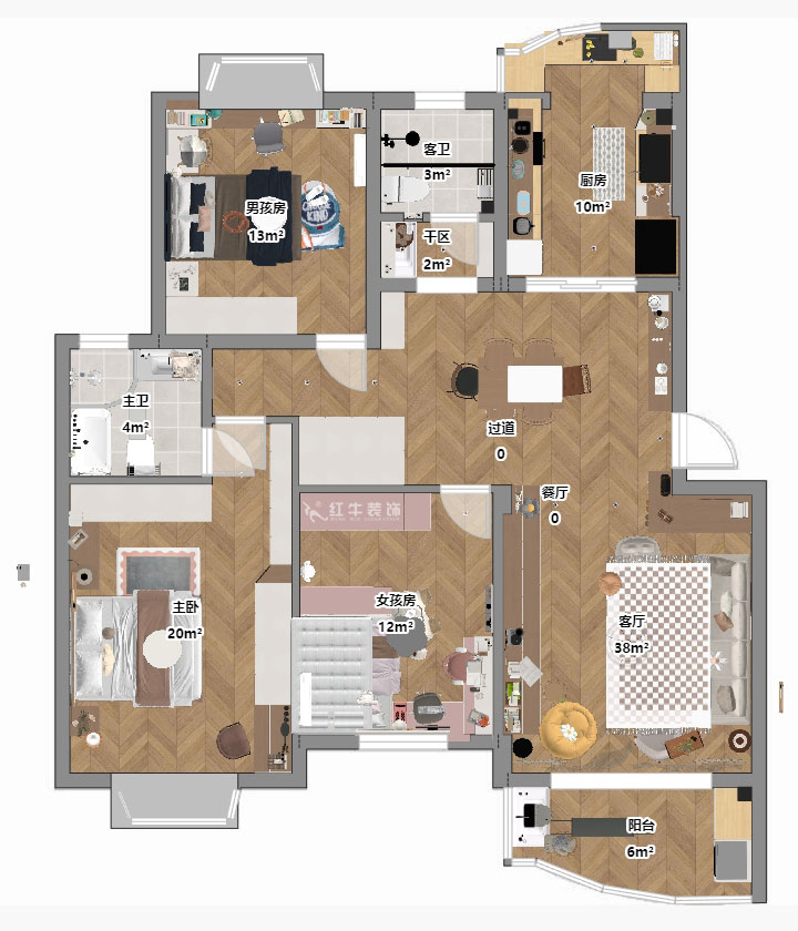 仇美蓉|長江之家4-13-402-130㎡-原木奶油風(fēng)格|3室2廳2衛(wèi)|老房裝修|定制家|全包16萬|00_03平面彩圖