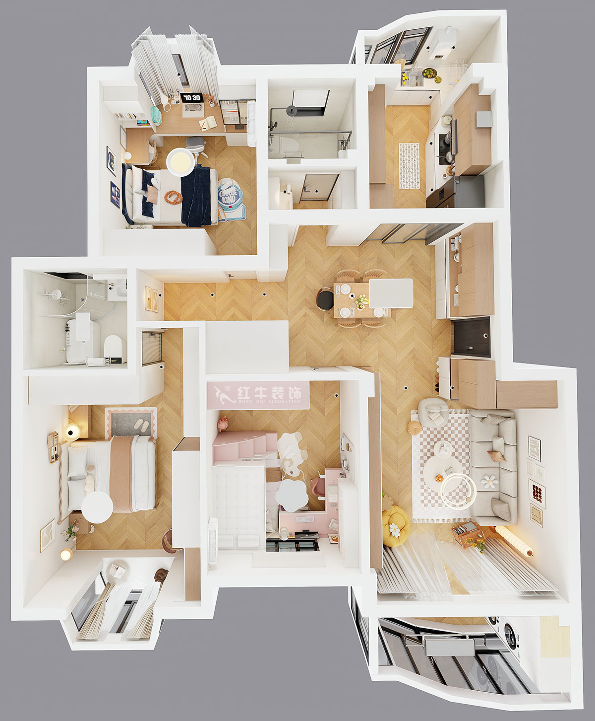 仇美蓉|長江之家4-13-402-130㎡-原木奶油風(fēng)格|3室2廳2衛(wèi)|老房裝修|定制家|全包16萬|00_04鳥瞰圖