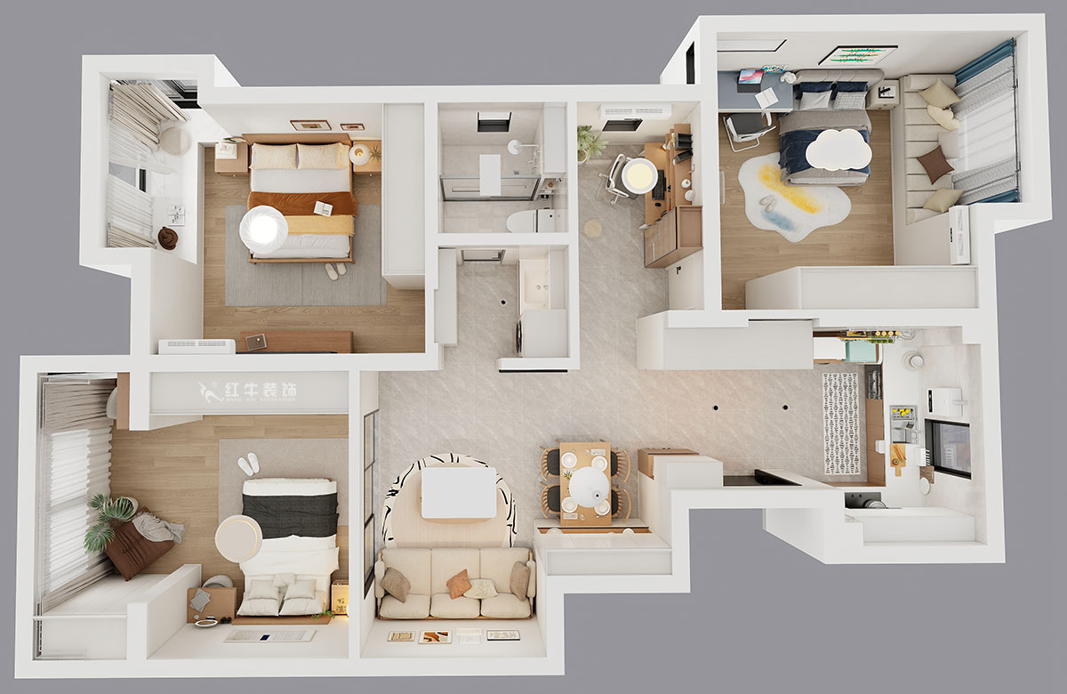 仇美蓉|紫玉山莊1-204-85㎡-原木奶油風(fēng)格|3室2廳1衛(wèi)|老房裝修|定制家|全包10萬|00_04鳥瞰圖