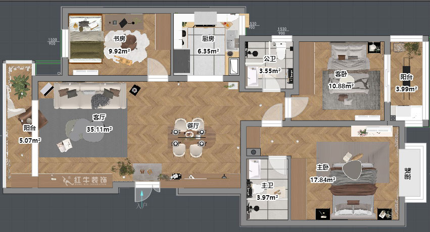 吳波|仁恒翠竹園28-2-303-117㎡-現(xiàn)代簡(jiǎn)約風(fēng)格|3室2廳2衛(wèi)|舊房裝修|定制家|全包13萬|00_03平面彩圖