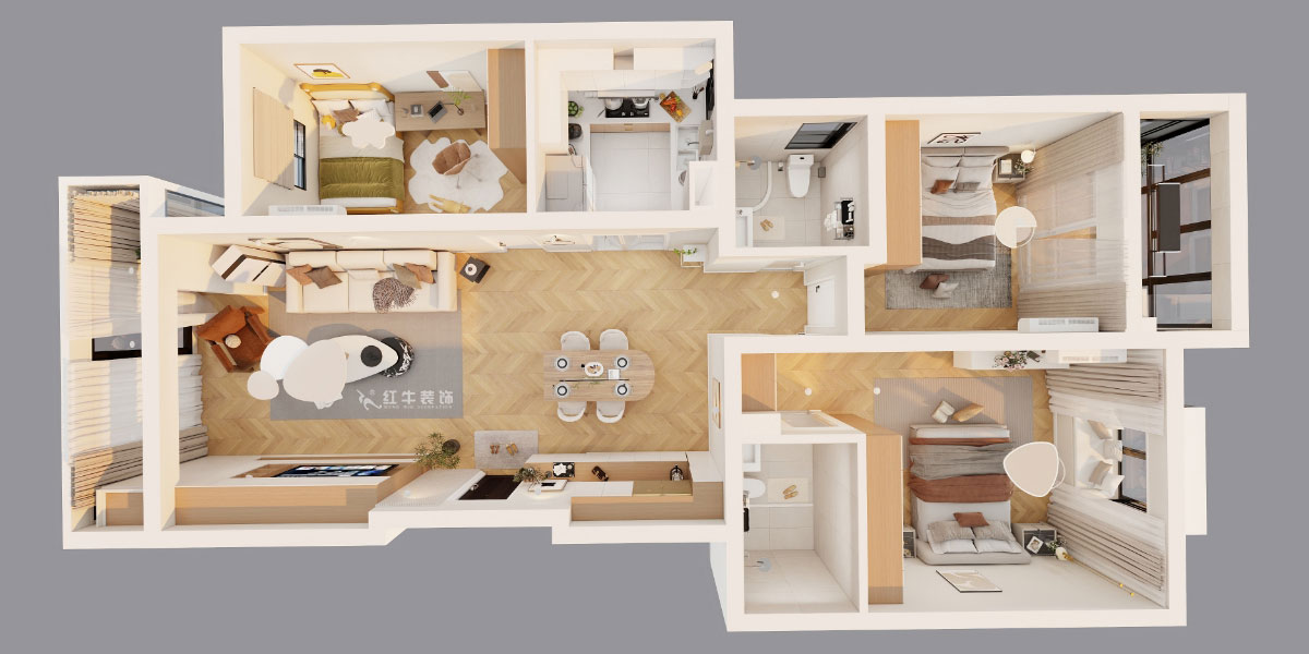 吳波|仁恒翠竹園28-2-303-117㎡-現(xiàn)代簡(jiǎn)約風(fēng)格|3室2廳2衛(wèi)|舊房裝修|定制家|全包13萬|00_04鳥瞰圖