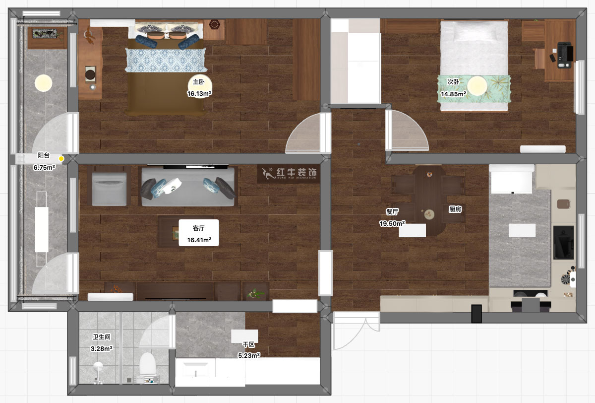 孟憲濤|五老村24-201-100㎡-現(xiàn)代簡約風格|3室2廳1衛(wèi)|老房裝修|定制家|全包14萬|00_03平面彩圖