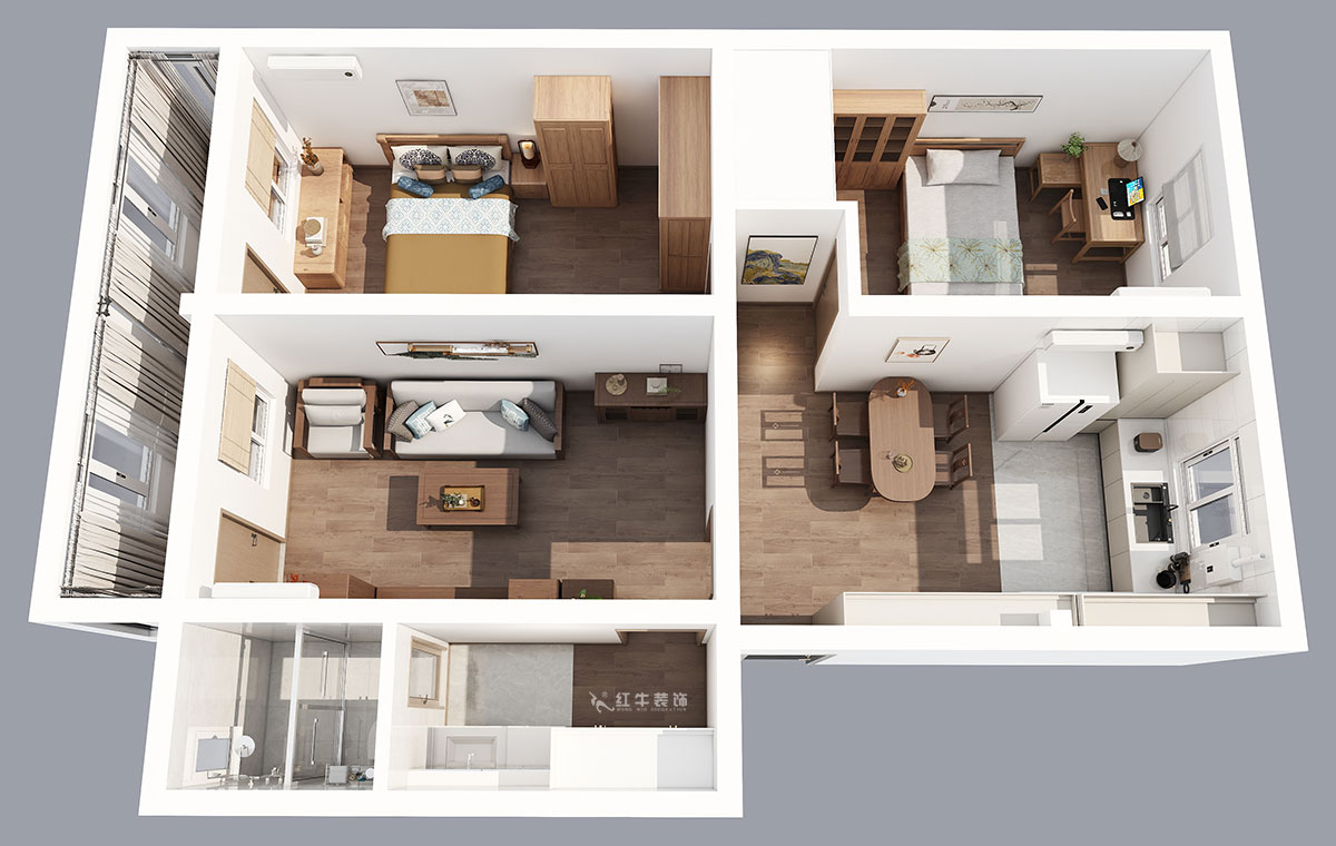 孟憲濤|五老村24-201-100㎡-現(xiàn)代簡約風格|3室2廳1衛(wèi)|老房裝修|定制家|全包14萬|00_04鳥瞰圖