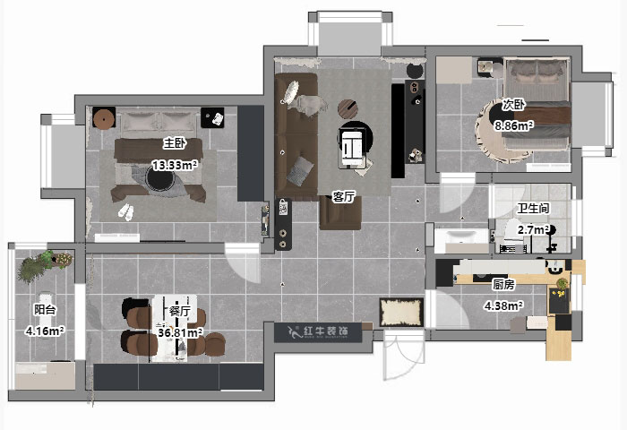 仇美蓉|新建雅苑9-4-208-80㎡-簡約風(fēng)格|3室2廳1衛(wèi)|老房裝修|定制家|全包10萬|00_03平面彩圖