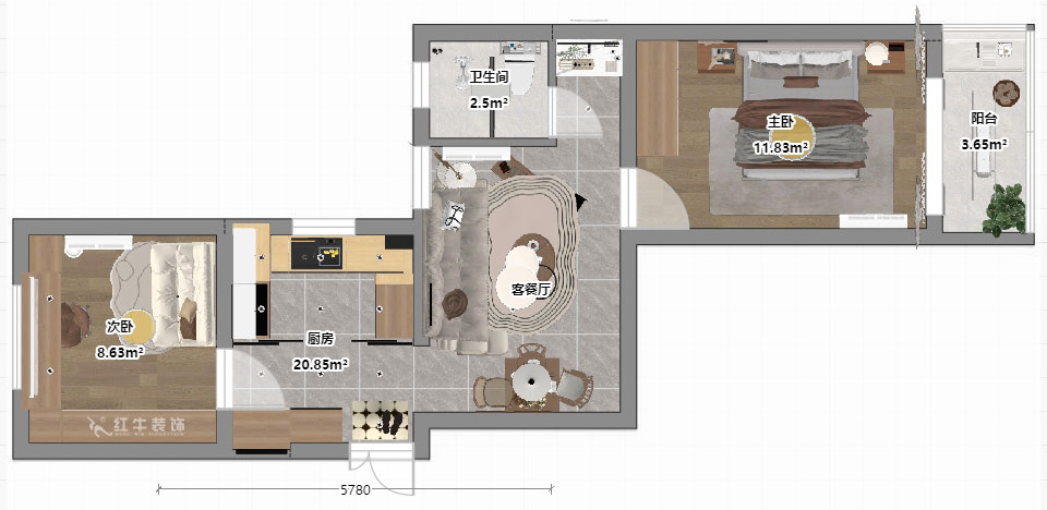朱明琪|安德里230號3-501-60㎡-輕法式原木風(fēng)|2室1廳1衛(wèi)|老房裝修|定制家|全包9萬|00_03平面彩圖