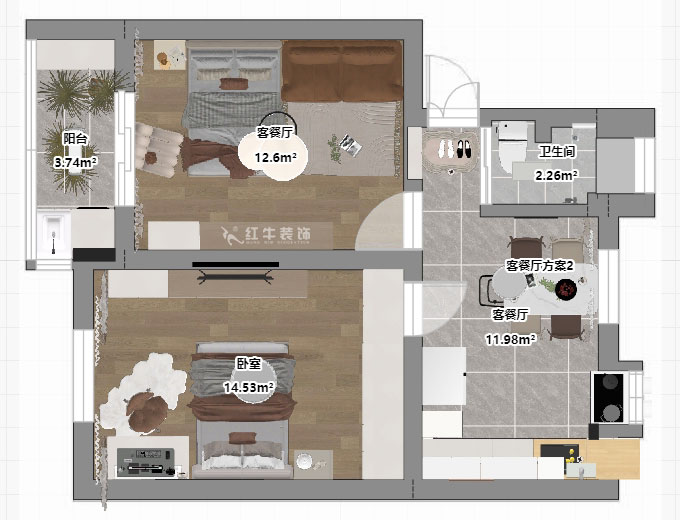 蔣?。鸾鹇?號(hào)11-202-60㎡-簡約奶油風(fēng)｜2室1廳1衛(wèi)｜二手房裝修｜定制家｜全包9萬｜00_03平面彩圖