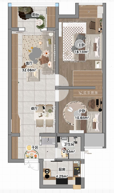 魏明花|紫楊佳園16-1102-85㎡-現(xiàn)代風(fēng)格|2室1廳1衛(wèi)|二手房裝修|定制家|全包10萬|00_03平面彩圖