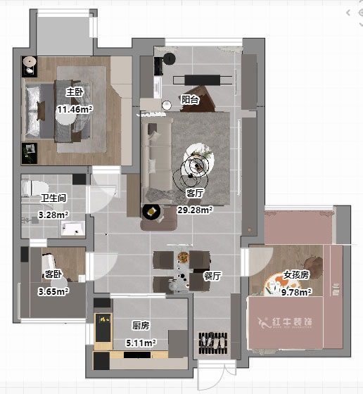 魏明花｜金陵灣6幢2-503-89㎡-現(xiàn)代簡約風格｜3室2廳1衛(wèi)｜二手房裝修｜定制家｜全包12萬｜00_03平面彩圖