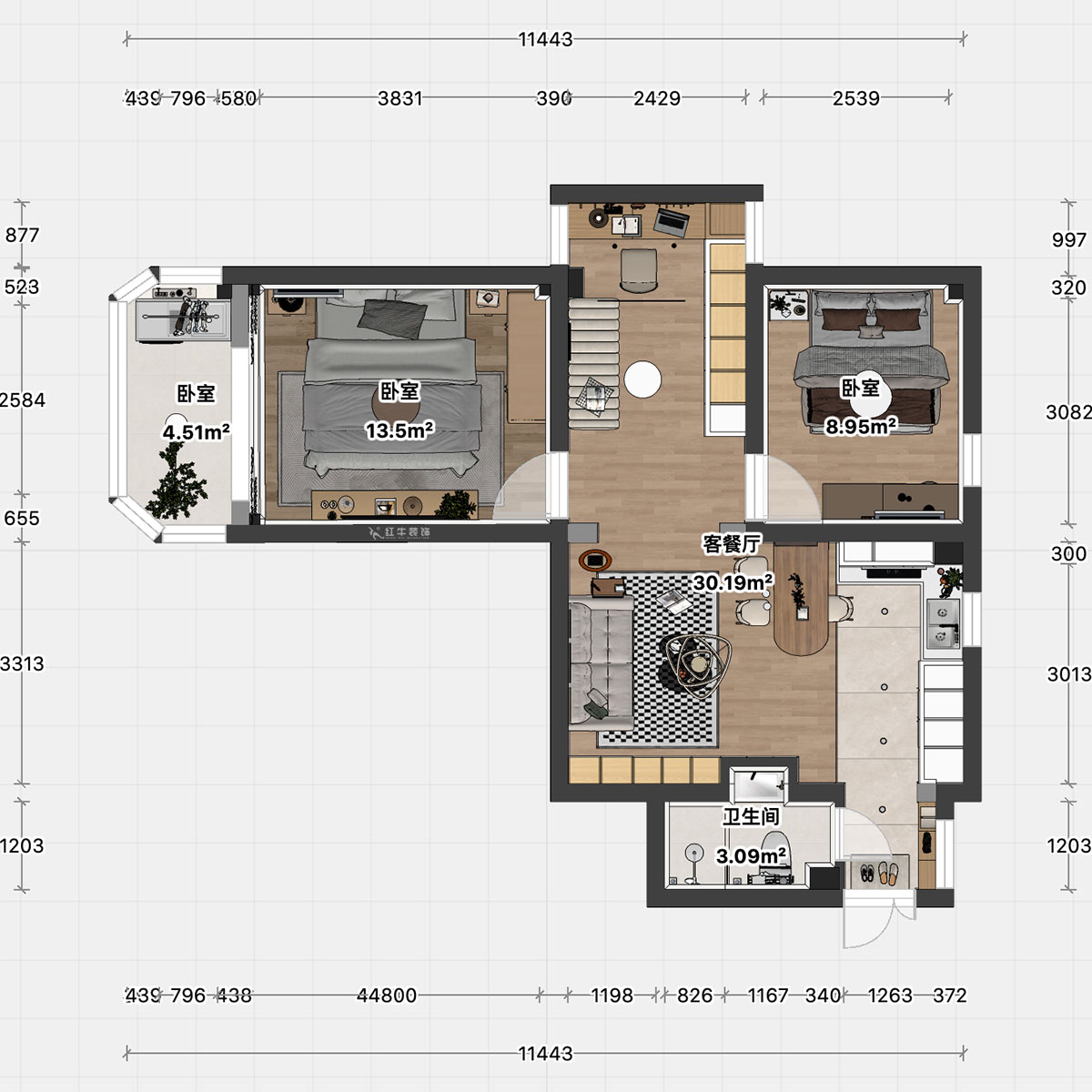 顧娟｜鎖金二村21-1105-77㎡-現代風格｜2室2廳1衛(wèi)｜舊房裝修｜定制家｜全包11萬｜00_04平面彩圖