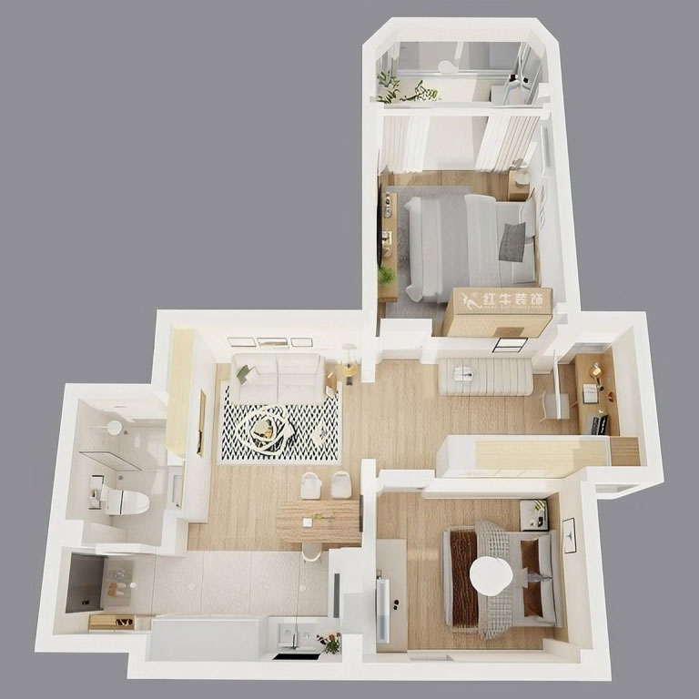 顧娟｜鎖金二村21-1105-77㎡-現代風格｜2室2廳1衛(wèi)｜舊房裝修｜定制家｜全包11萬｜00_05鳥瞰圖