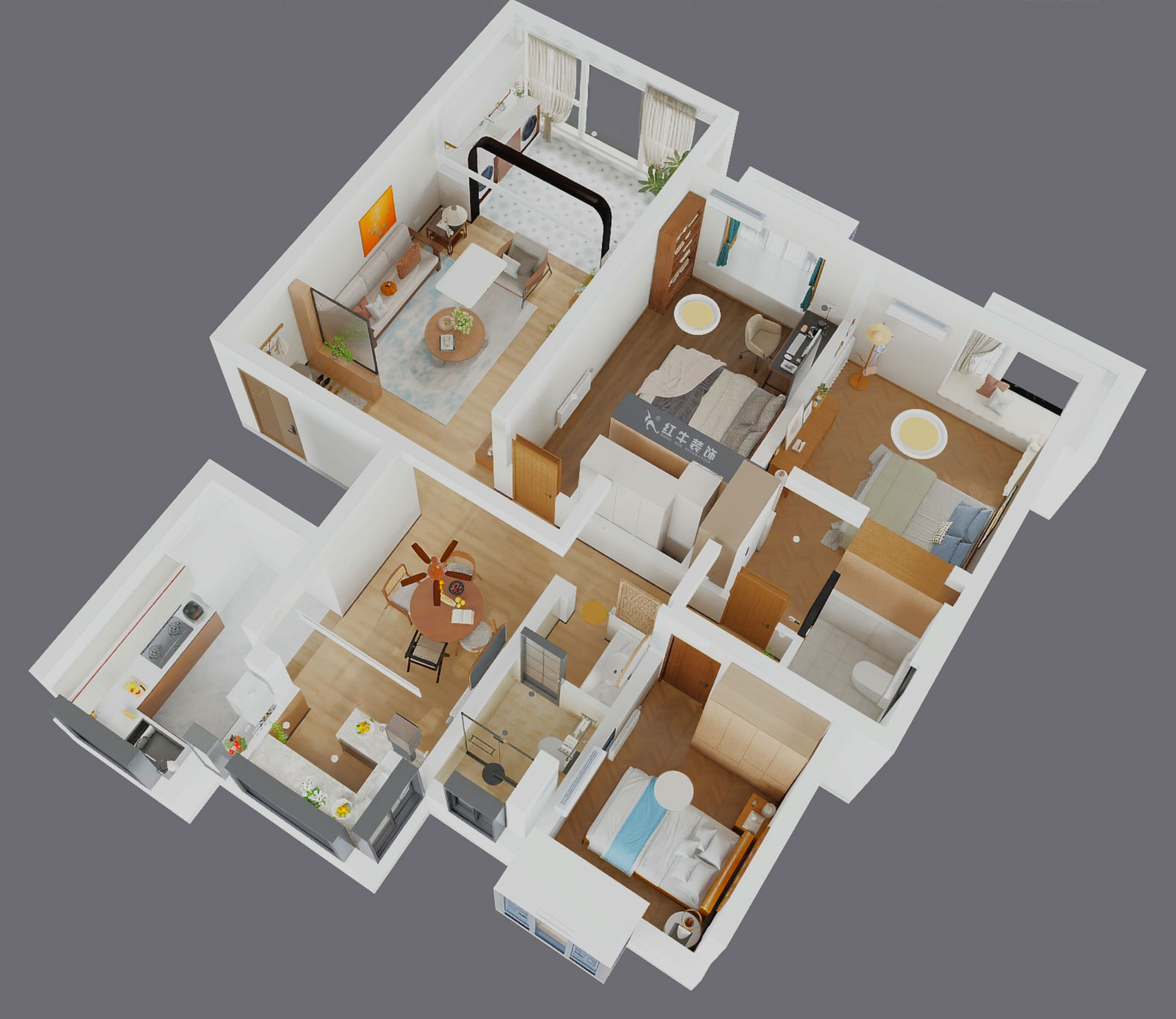 魏利利｜澳麗嘉園6-1004-128㎡-現(xiàn)代中古風(fēng)｜3室2廳2衛(wèi)｜老房改造｜定制家｜全包17萬｜00_04鳥瞰圖