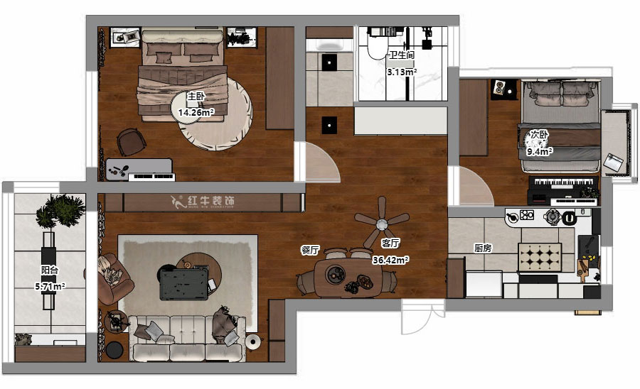 朱明琪|時(shí)光澔韻3-2-902-90㎡-現(xiàn)代中古風(fēng)|2室2廳1衛(wèi)|老房裝修|定制家|全包13萬|00_03平面彩圖