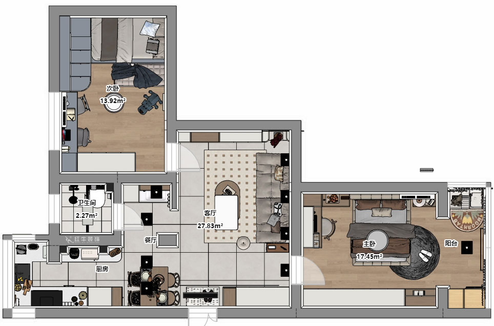 顧娟｜大樹(shù)根32-703-70㎡-現(xiàn)代簡(jiǎn)約風(fēng)格｜2室2廳1衛(wèi)｜舊房裝修｜定制家｜全包11萬(wàn)｜00_04平面彩圖