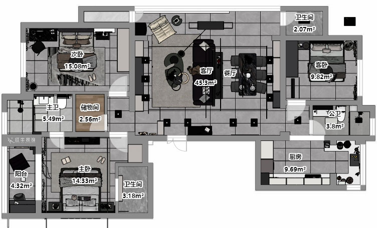 劉小勇｜翠屏誠園北區(qū)5-702-138㎡-現(xiàn)代黑白灰風(fēng)格｜3室2廳2衛(wèi)｜老房裝修｜定制家｜全包19萬｜00_03平面彩圖