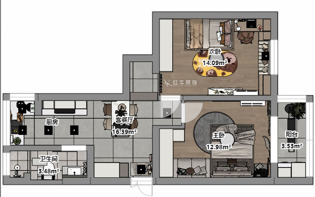 魏明花|公教一村16-603-68㎡-現(xiàn)代簡(jiǎn)約風(fēng)格|2室1廳1衛(wèi)|二手房裝修|定制家|全包9萬|00_03平面彩圖