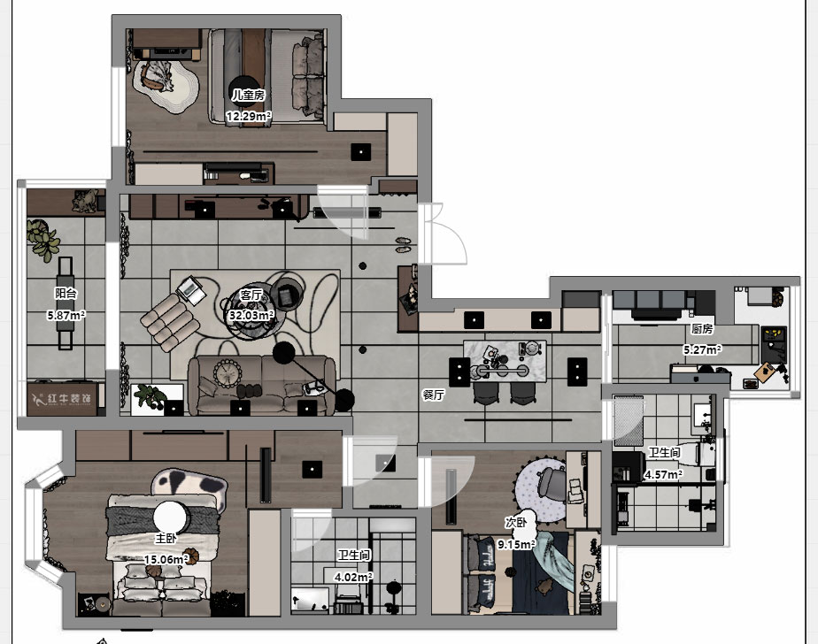 蔣?。汩坷?-2-901-108㎡-現(xiàn)代簡約風格｜3室2廳2衛(wèi)｜老房裝修｜定制家｜全包16萬｜00_03平面彩圖