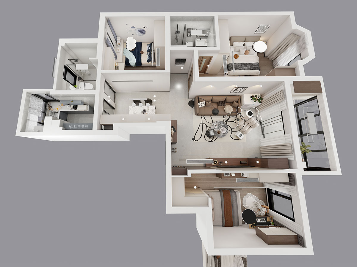 蔣?。汩坷?-2-901-108㎡-現(xiàn)代簡約風格｜3室2廳2衛(wèi)｜老房裝修｜定制家｜全包16萬｜00_04鳥瞰圖