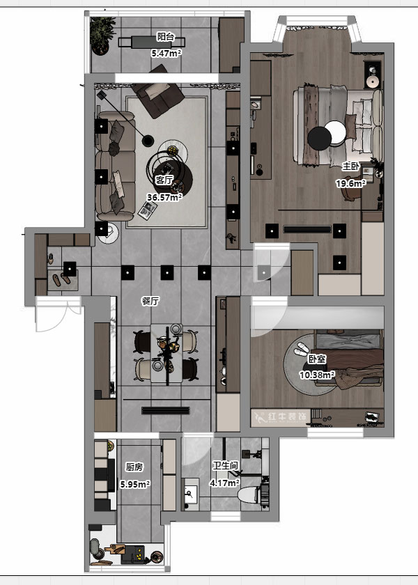 蔣?。汩坷?-2-902-100㎡-現(xiàn)代簡約風(fēng)格｜2室2廳1衛(wèi)｜老房裝修｜定制家｜全包14萬｜00_03平面彩圖
