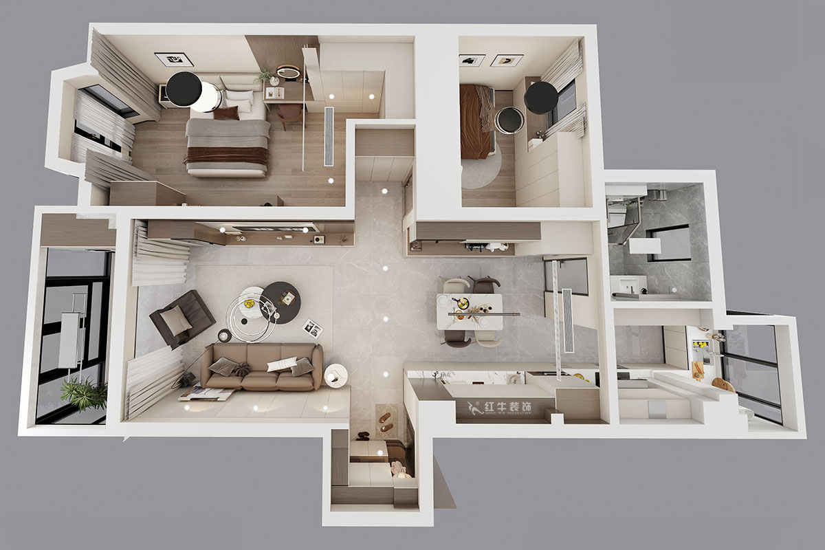 蔣?。汩坷?-2-902-100㎡-現(xiàn)代簡約風(fēng)格｜2室2廳1衛(wèi)｜老房裝修｜定制家｜全包14萬｜00_04鳥瞰圖