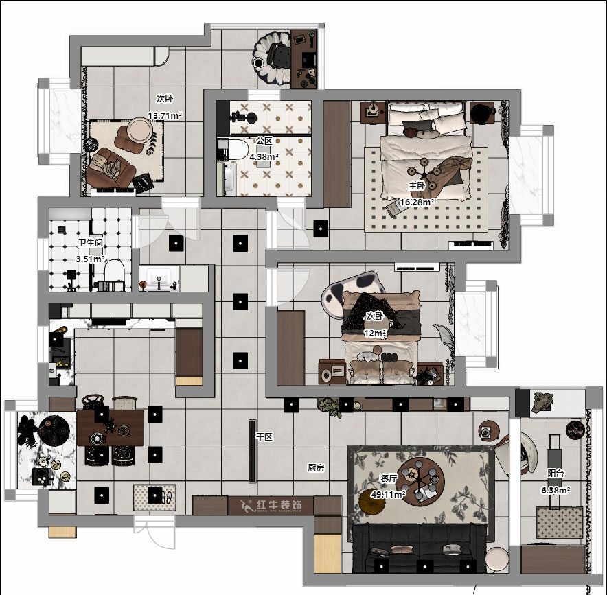 顧娟｜挪威森林13-501-125㎡-中古風(fēng)｜3室2廳2衛(wèi)｜舊房裝修｜定制家｜全包17萬(wàn)｜00_04平面彩圖