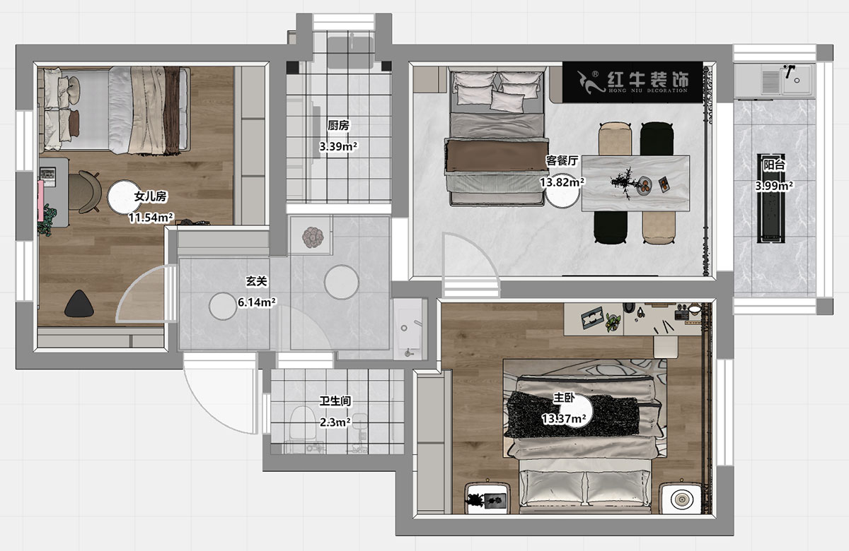 仇美蓉｜太平橋南38號1-601-67㎡-簡約風(fēng)格｜2室1廳1衛(wèi)｜老房裝修｜定制家｜全包8萬｜00_03平面彩圖