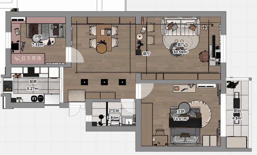 劉小勇|龍蟠中路466號401室-83㎡-現(xiàn)代簡約風(fēng)格|2室2廳1衛(wèi)|老房裝修|定制家|全包10萬|00_03平面彩圖