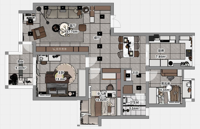 蔣?。f(wàn)達(dá)華府西苑6-401-106㎡-現(xiàn)代簡(jiǎn)約風(fēng)格｜3室2廳1衛(wèi)｜老房裝修｜定制家｜全包13萬(wàn)｜00_03平面彩圖