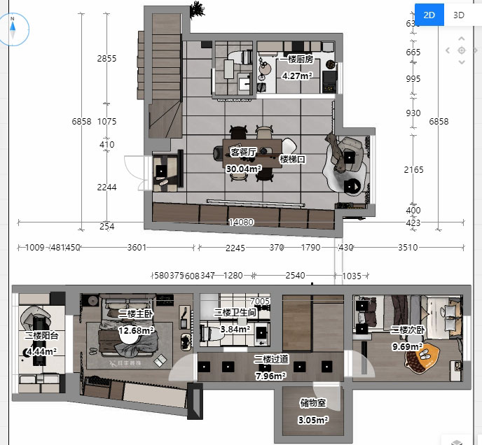 蔣?。ヌ陨郴ǔ?-1905-105㎡-現(xiàn)代簡約風格｜復(fù)式｜2室2廳2衛(wèi)｜老房裝修｜定制家｜全包13萬｜00_05平面彩圖