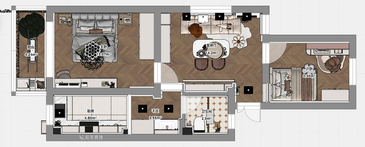 顧娟|育才公寓32-502-66㎡-法式風(fēng)格|2室1廳1衛(wèi)|舊房裝修|定制家|全包11