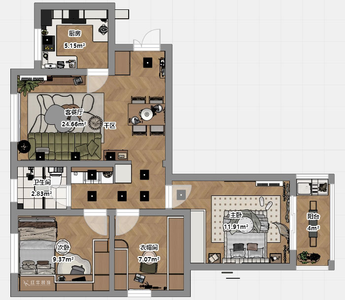 蔣?。y龍雅苑11-3-212-85㎡-現(xiàn)代原木風(fēng)｜3室1廳1衛(wèi)｜新房裝修｜定制家｜全包11萬｜00_03平面彩圖