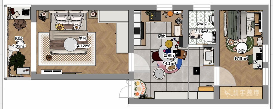 朱彥|淮海新村7-28-702-57㎡-現(xiàn)代風格|2室1廳1衛(wèi)|老房改造|定制家|全包8萬|00_03平面彩圖