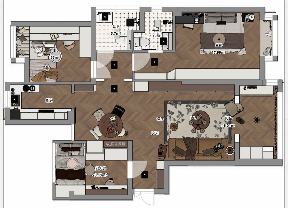 朱明琪｜金地自在城8街區(qū)5-1-501-111㎡-中古風｜3室1廳2衛(wèi)｜老房裝修｜定制家｜全包15萬｜00_03平面彩圖