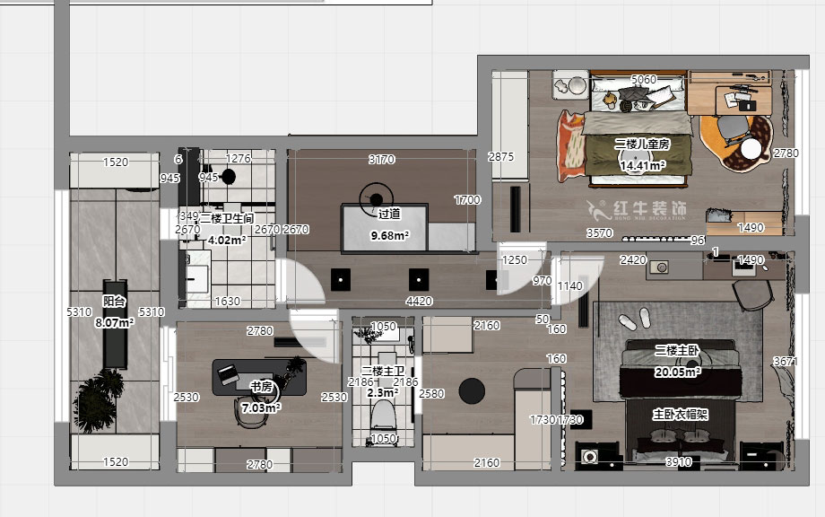 吳波｜華府國際43-1-707-148㎡-輕法風(fēng)格｜復(fù)式｜4室2廳3衛(wèi)｜舊房裝修｜定制家｜全包18萬｜00_06二樓平面彩圖