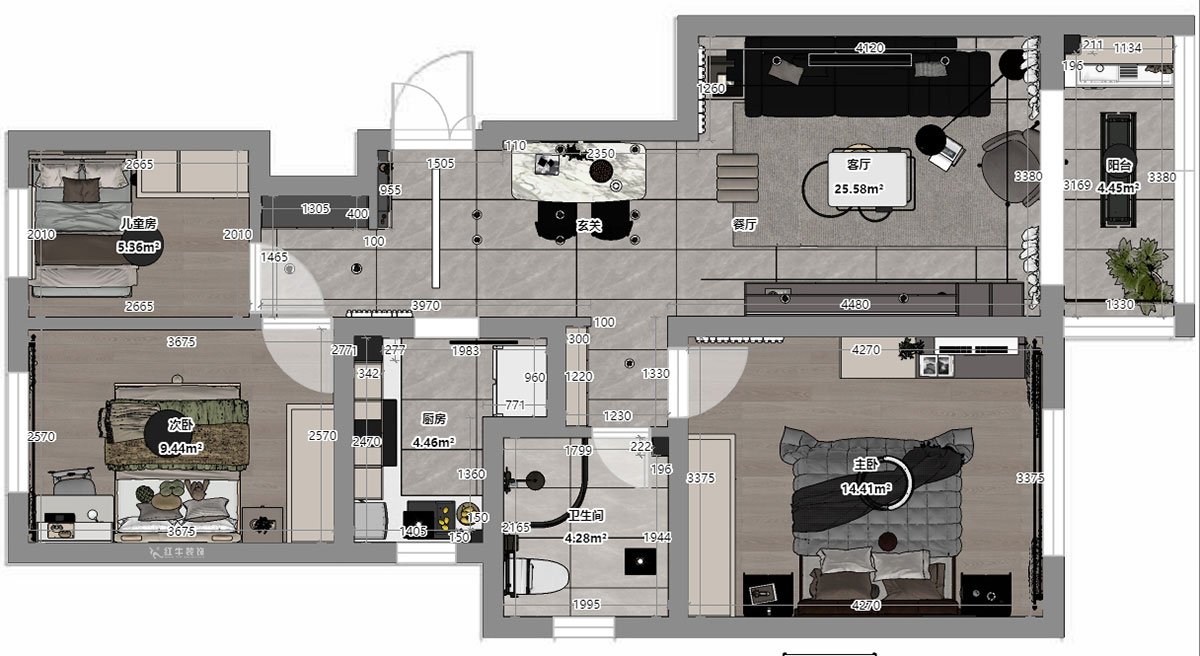 蔣琛｜白云雅居21-202-88㎡-現(xiàn)代簡約風(fēng)格｜3室2廳1衛(wèi)｜新房裝修｜定制家｜全包11萬｜00_03平面彩圖