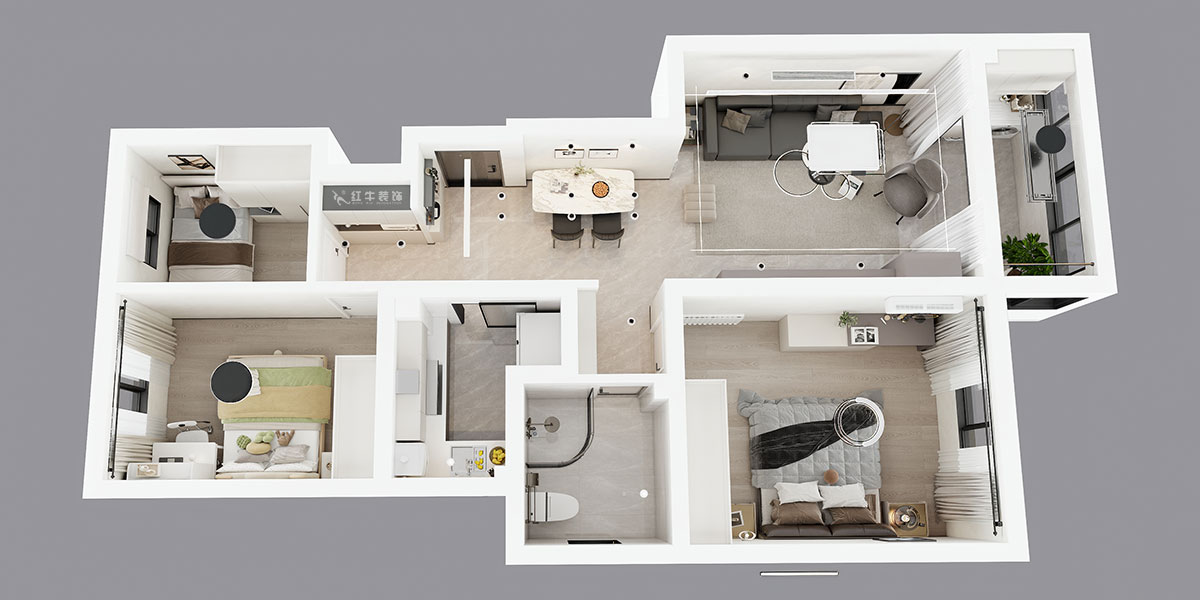 蔣?。自蒲啪?1-202-88㎡-現(xiàn)代簡約風(fēng)格｜3室2廳1衛(wèi)｜新房裝修｜定制家｜全包11萬｜00_04鳥瞰圖