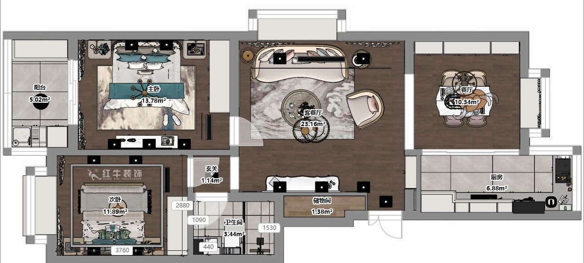 吳波｜后宰門東村82號院1-801-95㎡-歐式風格｜3室2廳1衛(wèi)｜舊房裝修｜定制家｜全包12萬｜00_03平面彩圖