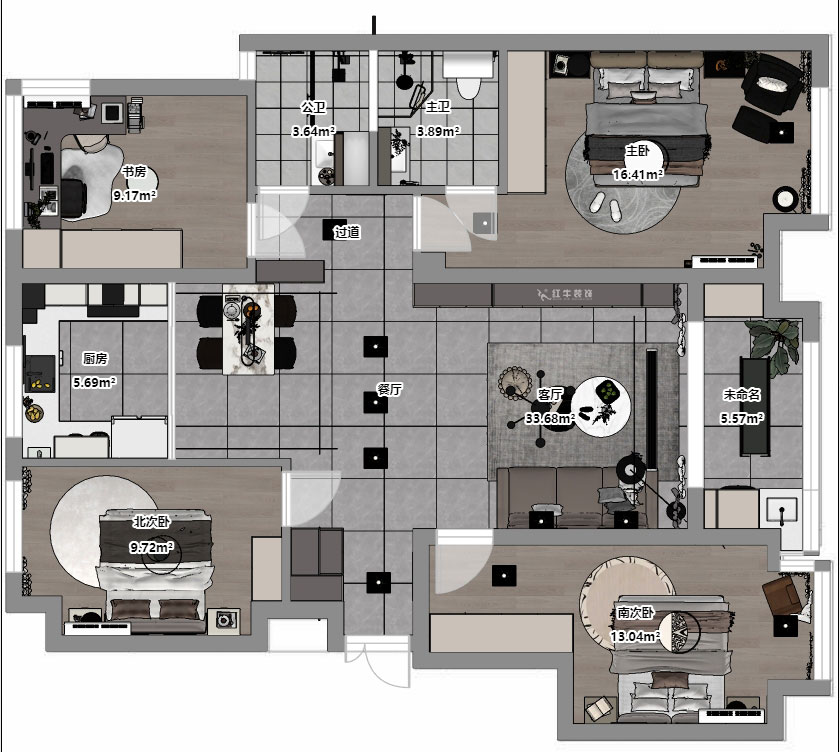 孟憲濤|融創(chuàng)臻園15-1005-120㎡-簡約風格|4室2廳2衛(wèi)|新房裝修|定制家|全包16萬|00_03平面彩圖