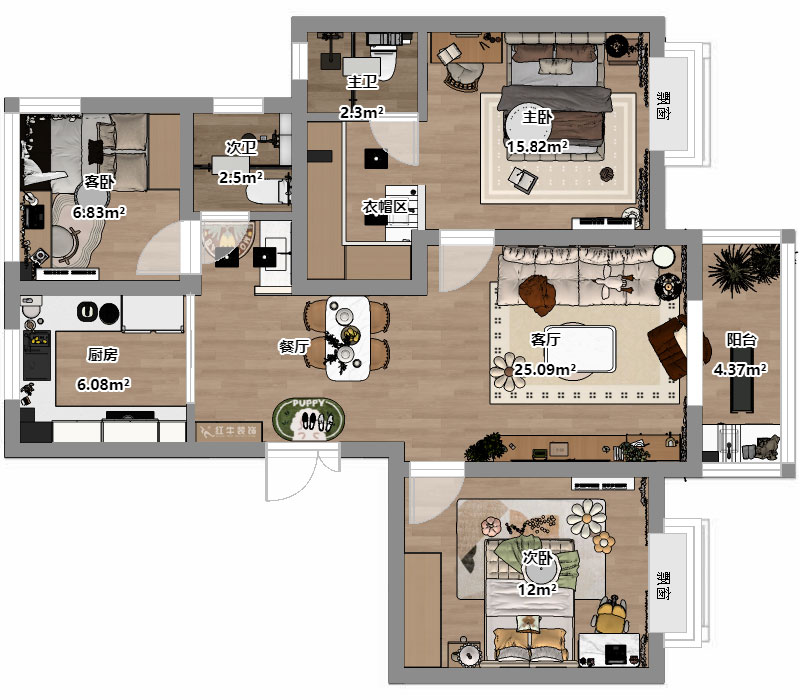 劉曉芳｜三金鑫寧府3-3-1105-95㎡-現(xiàn)代原木風格｜3室2廳2衛(wèi)｜老房裝修｜半包6