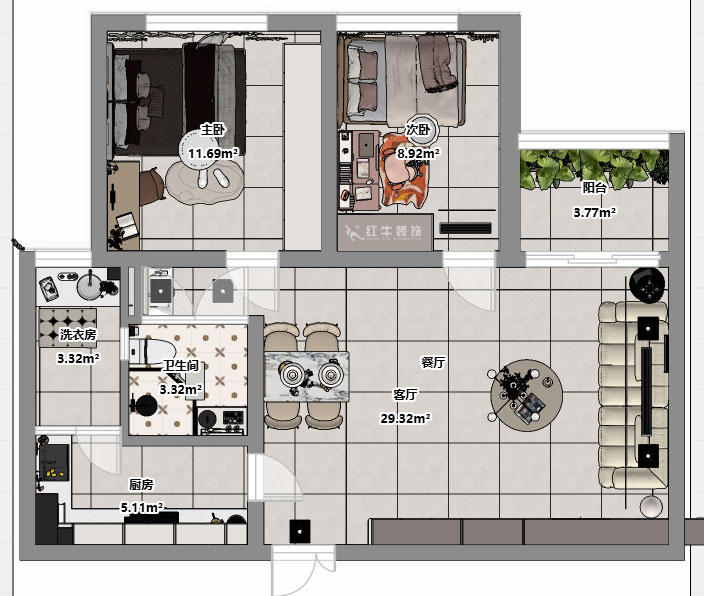 朱明琪｜金鼎灣花園1-2-2004-87㎡-現(xiàn)代簡(jiǎn)約風(fēng)格｜2室2廳1衛(wèi)｜老房裝修｜定制家｜全包10萬(wàn)｜00_03平面彩圖