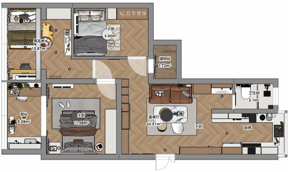 朱明琪|金基公寓4-105-73㎡-原木風格|3室1廳1衛(wèi)|老房改造|定制家|全包11萬|00_03平面彩圖