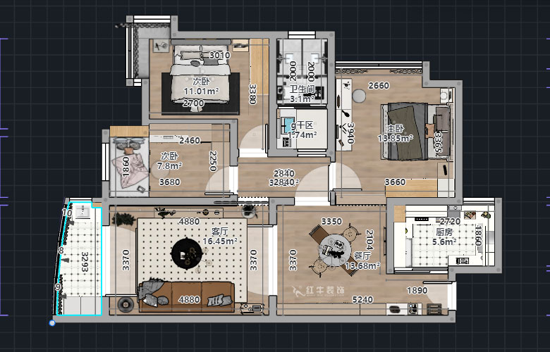 熊皓宇|恒生名仕嘉園-110㎡-輕法式風格|3室2廳1衛(wèi)|老房裝修|定制家|全包|00_01平面彩圖